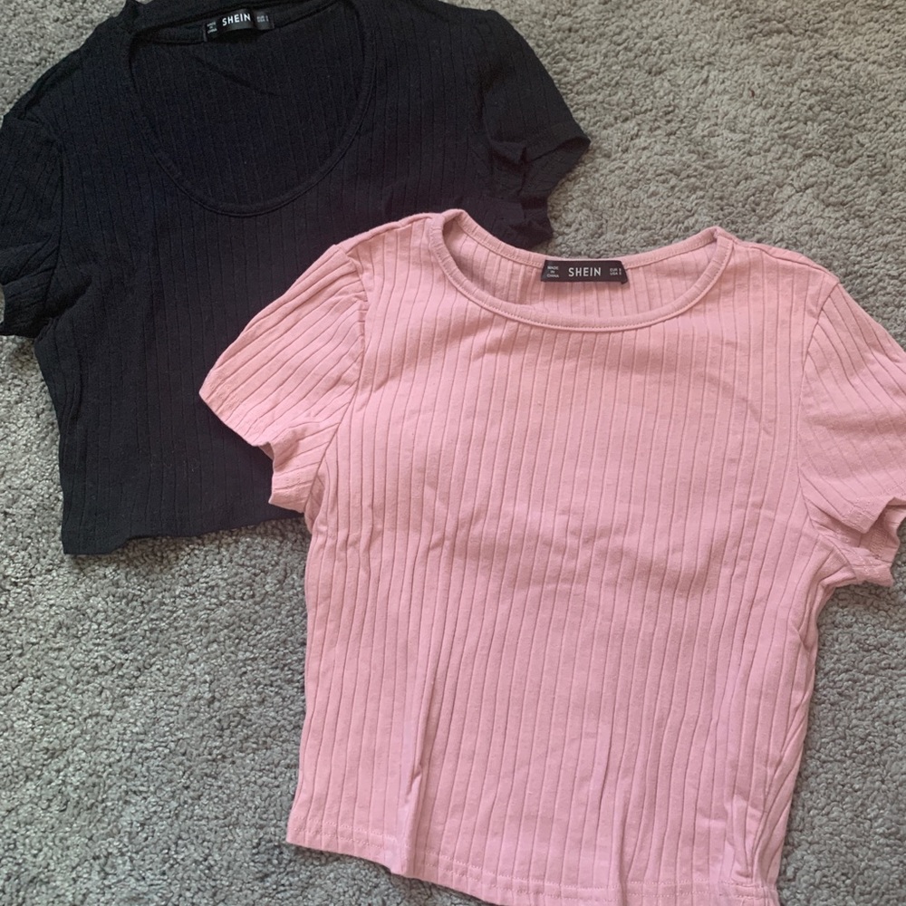 2 Shein Short-Sleeved Ribbed Crop Tops